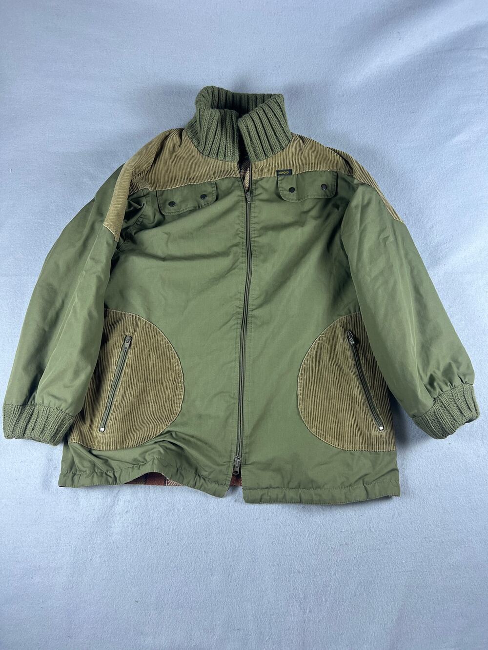 Vintage Dumond Field Jacket Mens L Green Corduroy Knit Trim Plaid Lined Outdoor